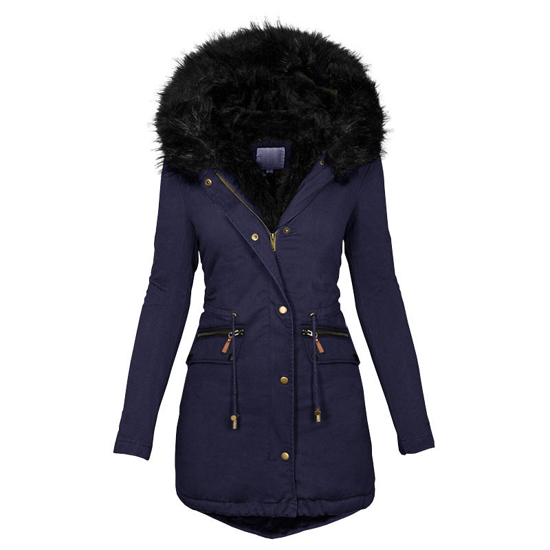 Women's Plush Hooded Parkas Winter Warm Thick  Zip-up Jackets Casual Mid-length Solid Buckle Pockets Coat Outerwear Clothing