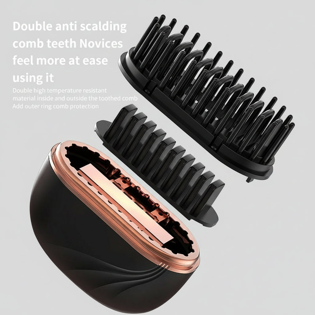Hair dryer nozzle with glowing interior, text about anti-scalping comb teeth.